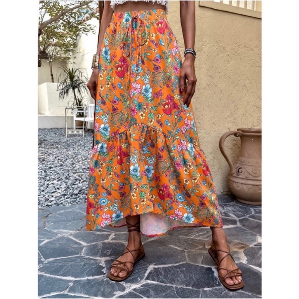 Boho Orange Floral Print Maxi Skirt - Picture 5 of 7